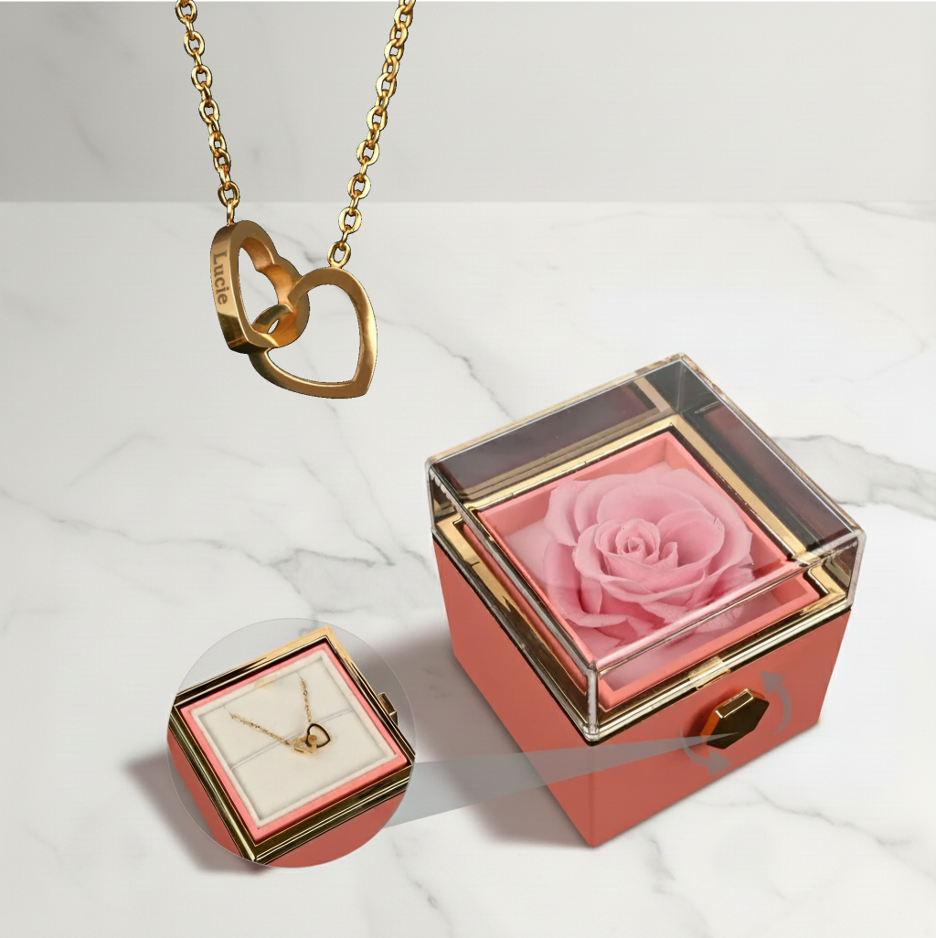 Dárková krabička s věčnou růží a náhrdelník s vlastními jmény