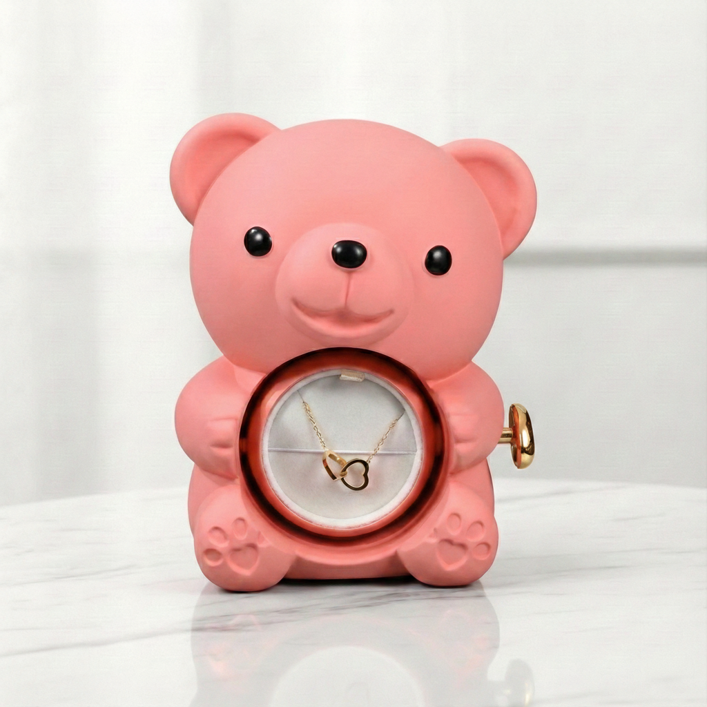 Medvídek s věčnou růží a náhrdelník s vlastními jmény