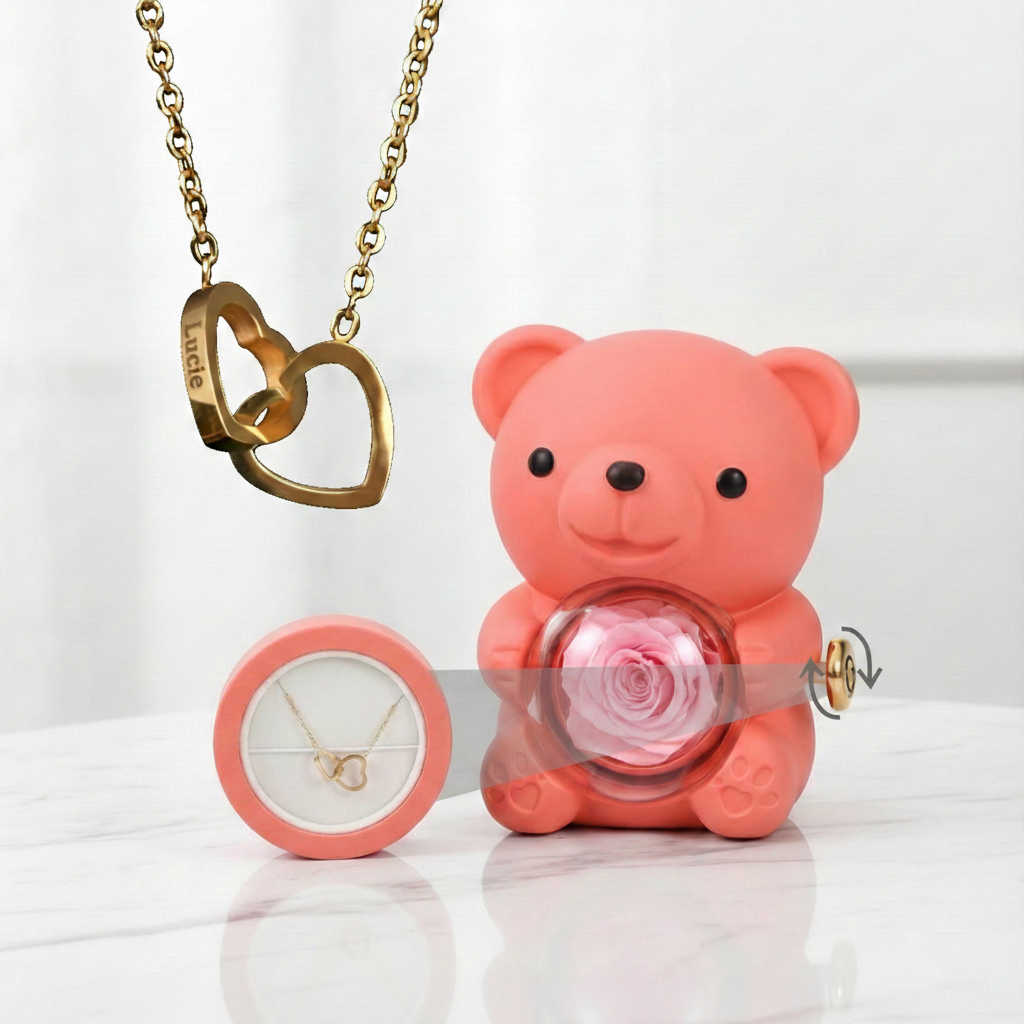 Medvídek s věčnou růží a náhrdelník s vlastními jmény