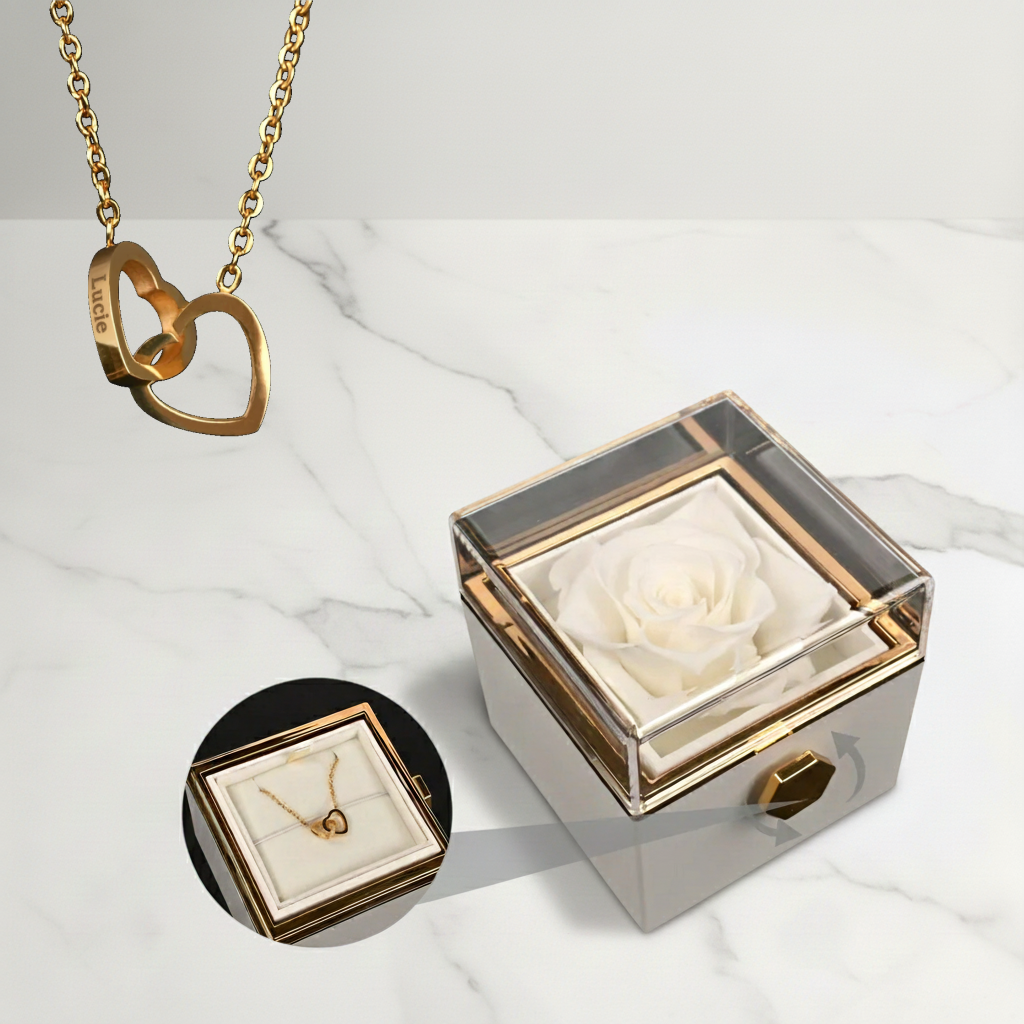 Dárková krabička s věčnou růží a náhrdelník s vlastními jmény
