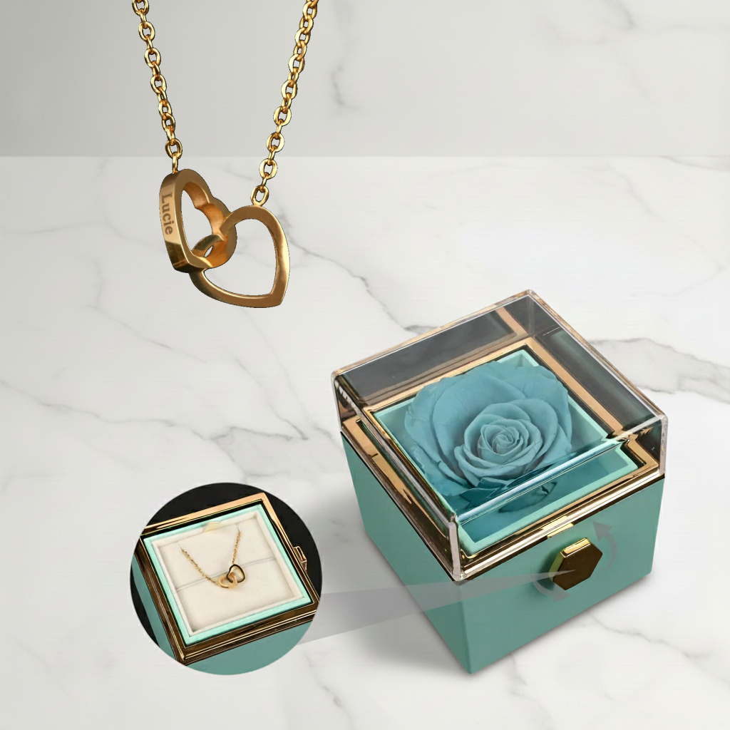 Dárková krabička s věčnou růží a náhrdelník s vlastními jmény