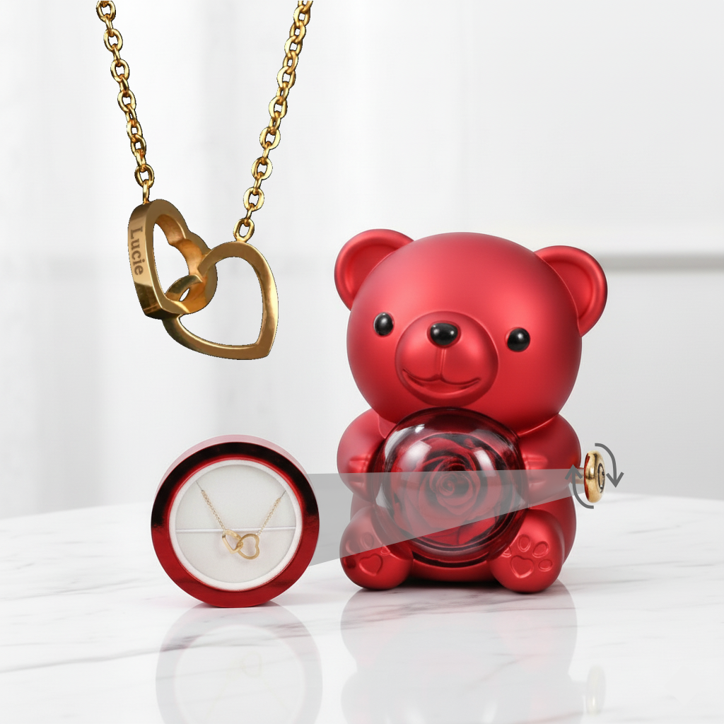 Medvídek s věčnou růží a náhrdelník s vlastními jmény